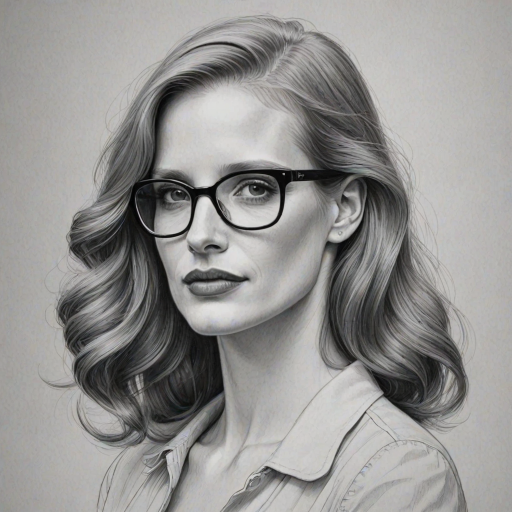 Superb Jessica Chastain, pencil sketch, portrait of Comely woman 1951s in glasses, hair style beatnik, outline, clear lines, fine lines, 8k