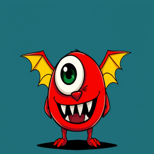 Create a cartoon-style illustration of a red monster with one large eye, sharp teeth, and yellow bat-like wings, using a Canon EOS 5D Mark IV camera, f/8 aperture, 24mm lens, and a vibrant color palette, focusing on high contrast and clarity.