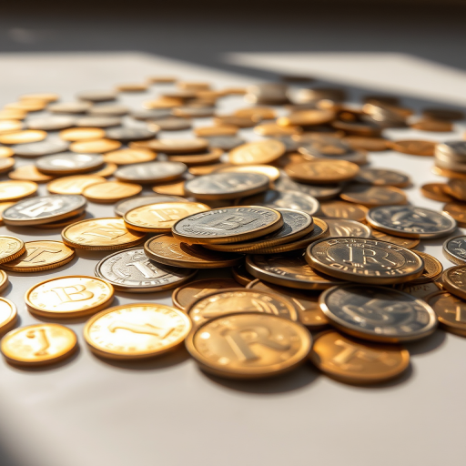 high-resolution image of scattered coins on a flat surface, macro lens, f/2.8 aperture, 50mm focal length, shot from a bird's eye view, natural lighting, digital camera