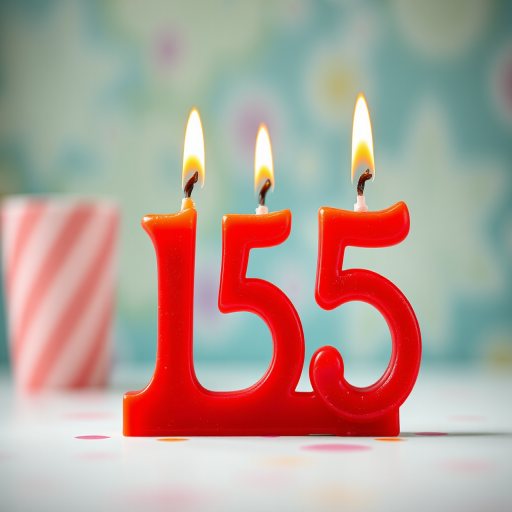 Create an image of a red birthday candle shaped like the number 5, with a small flame on top, in a bright, colorful setting, taken with a DSLR camera, 50mm lens, f/2.8 aperture, ISO 100, and soft natural lighting for enhanced quality.