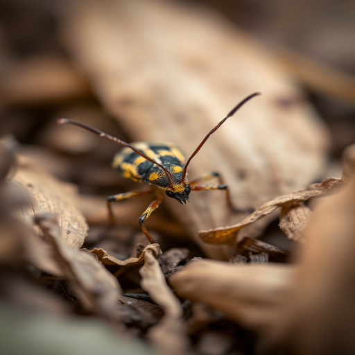 macro shot of a camouflaged insect blending with dry leaves, shallow depth of field, soft natural lighting, f/2.8 aperture, 85mm lens, ISO 100, shot with a DSLR camera, focus on insect details, slight vignette for emphasis