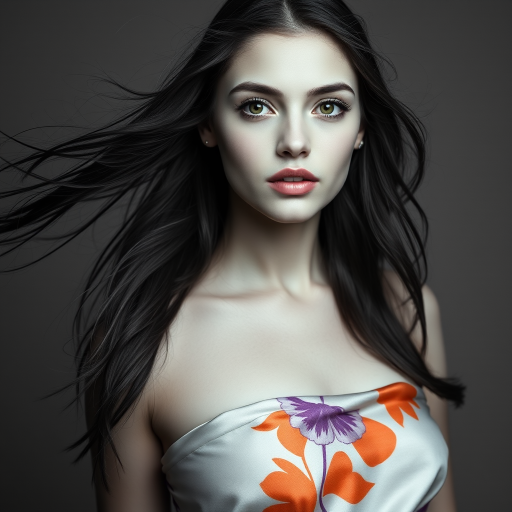 Photographic image of a beautiful young Tajik woman, green eyes, lips with white lipstick, long hair fluttering in the wind and wearing a silk strapless dress with a soft purple and orange print. monochrome image with only color highlights in the iris of the eyes, lipstick and dress. Gray background.