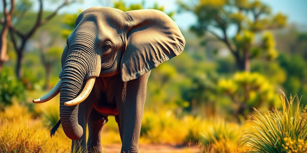 Create a highly detailed illustration of an elephant standing in a natural habitat with vibrant colors, using a DSLR camera with a 50mm lens, f/2.8 aperture, 1/250s shutter speed, and ISO 100, capturing a close-up view of the elephant with a shallow depth of field to enhance the background blur.