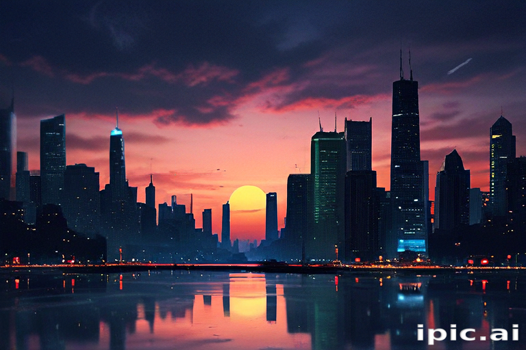 Stunning Urban Sunset Over a Vibrant City Skyline Reflected in Water