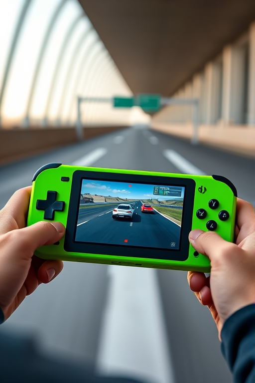 Create a high-resolution image of a bright green handheld gaming console displaying a racing video game on its screen, with two cars on a highway, captured from a slightly angled view, using a DSLR camera with a 50mm lens, aperture set to f/2.8, ISO 100, and a shutter speed of 1/200s for optimal clarity and detail.