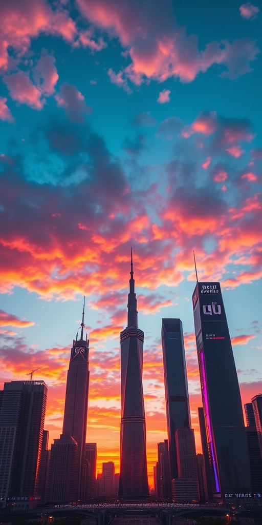Create an image of a futuristic city skyline at sunset with vibrant colors, using a 35mm lens, f/2.8 aperture, ISO 200, and a high dynamic range style, shot from a low angle to emphasize the height of the skyscrapers.