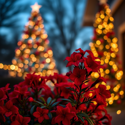 Create an image of a vibrant red flower bush in the foreground with a softly blurred background featuring a beautifully lit Christmas tree. The scene should convey a festive atmosphere with warm, glowing lights and a hint of evening sky.