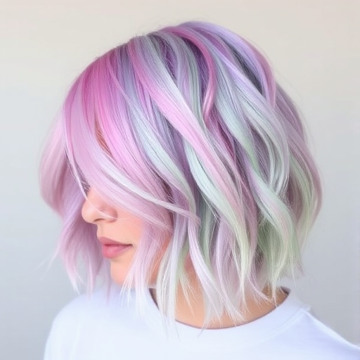 Whimsical Watercolor Bob featuring a soft blend of pastel pink, lavender, and mint green hues in a chin-length cut with tousled, textured waves