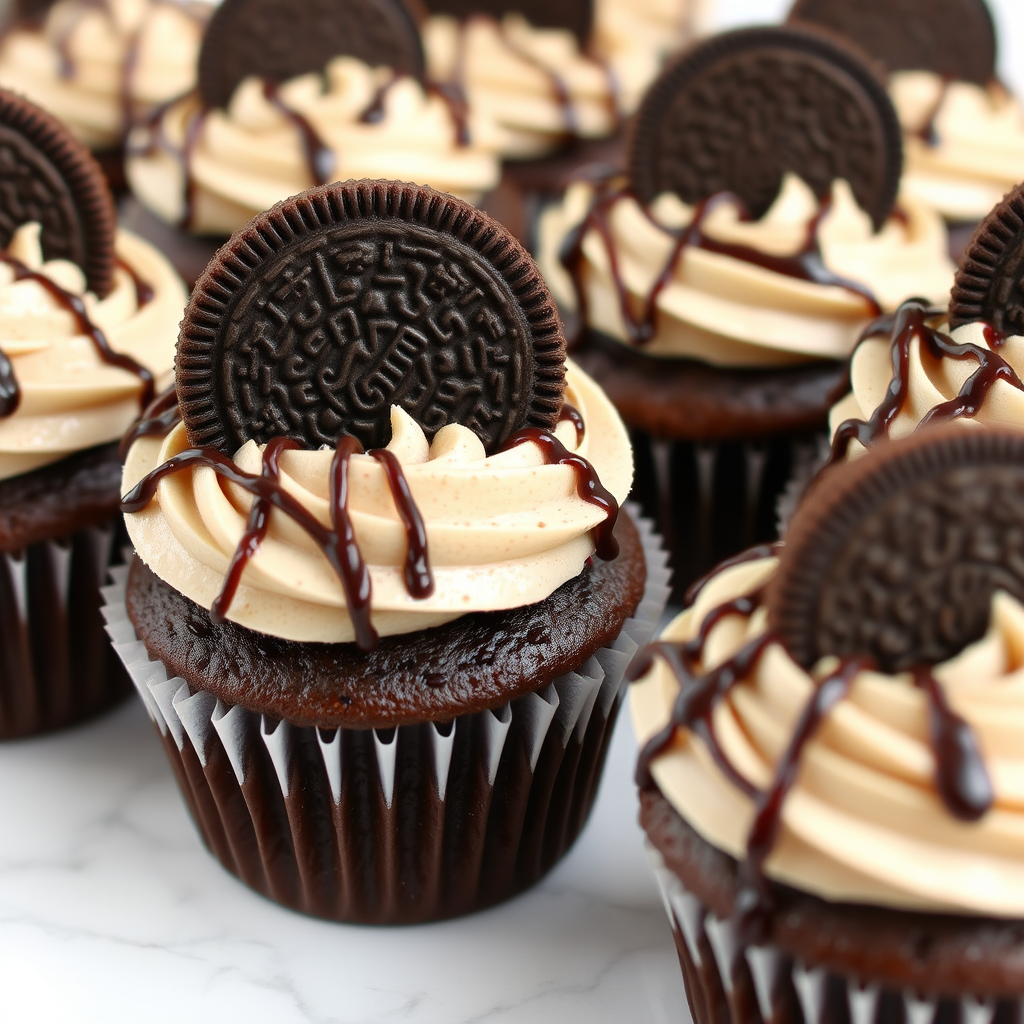 A close-up view of delicious chocolate cupcakes with fluffy cookies and cream frosting topped with an Oreo cookie and drizzled with chocolate sauce arranged on a white marble surface.