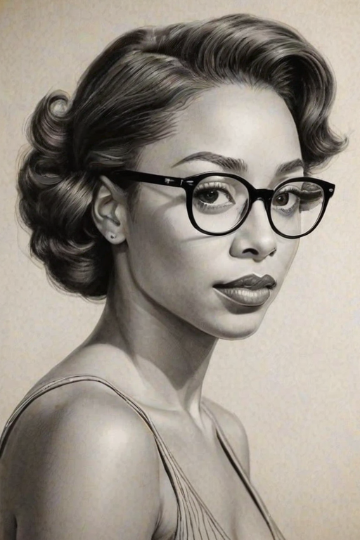 Exquisite Erica Ash, pencil sketch, portrait of Fetching woman 1938s in glasses, hair style beatnik, outline, clear lines, fine lines, 8k