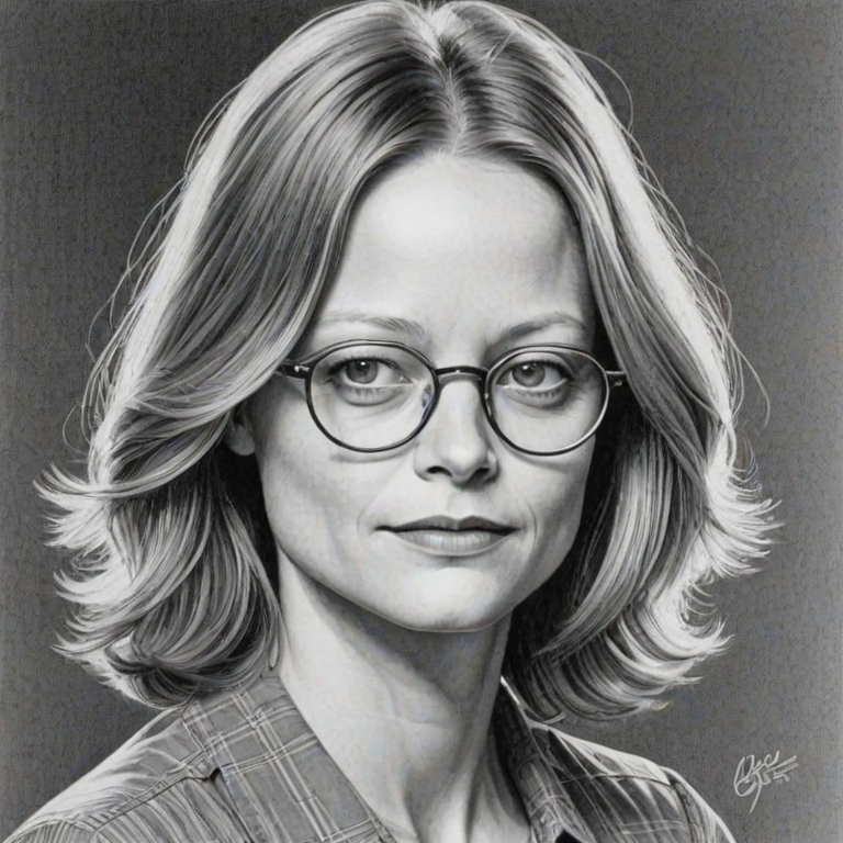 Fascinating Jodie Foster, pencil sketch, portrait of Delightful woman 1971s in glasses, hair style beatnik, outline, clear lines, fine lines, 8k