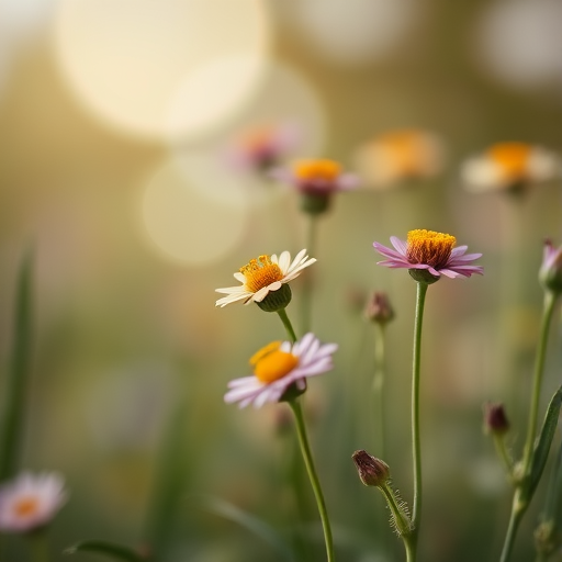 macro shot of wildflowers with a soft blurred background, f/2.8 aperture, ISO 100, 50mm lens, natural lighting, DSLR camera, focus on flowers with bokeh effect