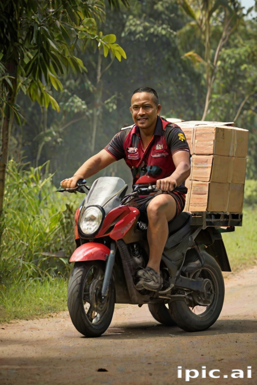 Delivery Rider Joyfully Navigating Rural Path with Boxes on Motorcycle