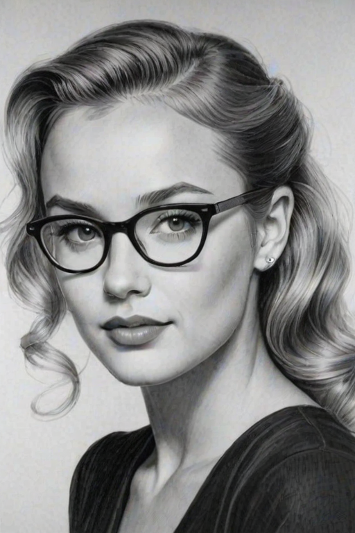 Gorgeous Madison Iseman, pencil sketch, portrait of Alluring woman 1940s in glasses, hair style beatnik, outline, clear lines, fine lines, 8k