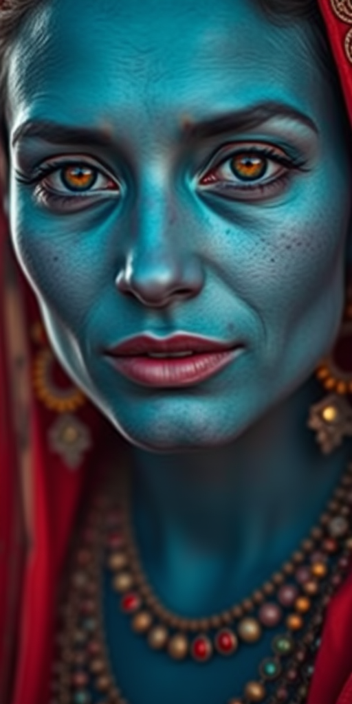 portrait of a woman with blue skin and traditional jewelry, medium shot, soft lighting, f/2.8 aperture, ISO 100, 50mm lens, high-resolution digital camera