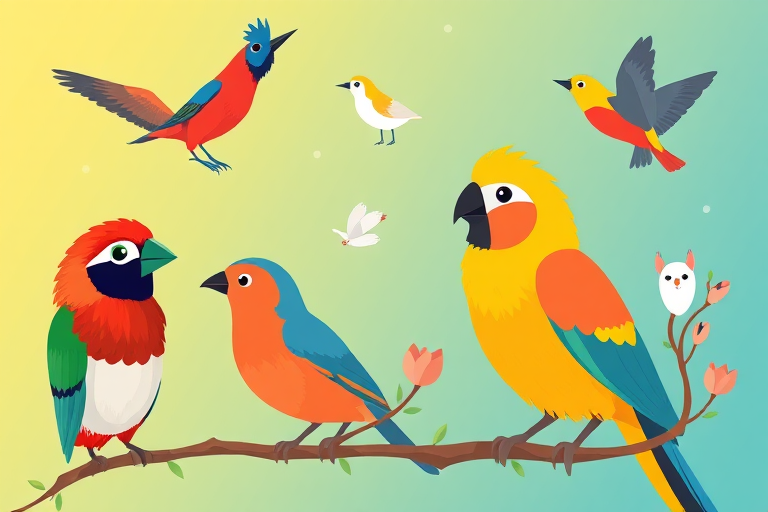 Create a vibrant, high-resolution flat design illustration of colorful birds and animals in a playful style, using a Canon EOS R5 with a 50mm lens at f/1.8, ISO 100, and a soft focus to enhance colors and details.