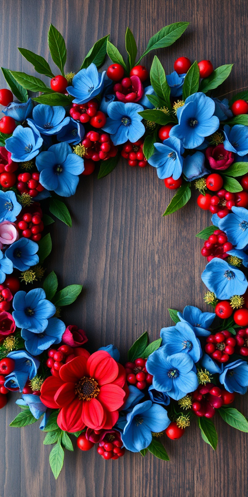 Create an intricate floral wreath design featuring blue and red flowers, surrounded by green leaves and berries, shot with a DSLR camera at f/4 aperture, 1/200s shutter speed, ISO 100, in a top-down view for enhanced detail and vibrancy.