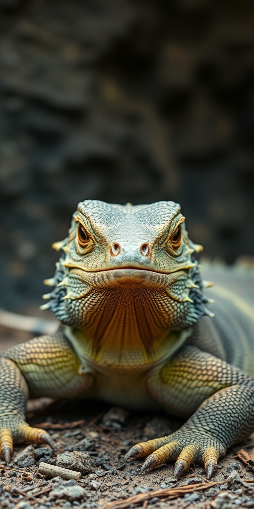 A close-up shot of a Komodo dragon resting in its natural habitat, captured with a Canon EOS 5D Mark IV, 50mm f/1.8 lens, f/4 aperture, ISO 400, shallow depth of field, natural lighting, focus on the dragon's face with textured background blur.