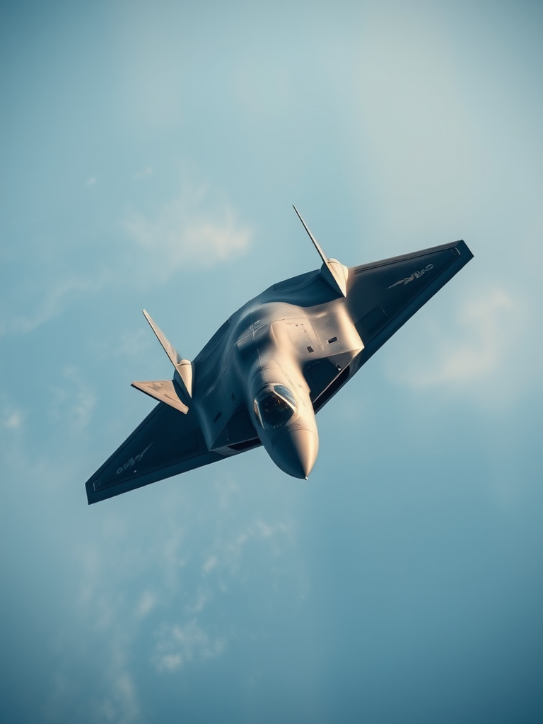 high-resolution image of a stealth jet flying vertically against a clear sky, shot with a Canon EOS R5 at f/4, ISO 100, shutter speed 1/4000 sec, aerial view, wide-angle lens
