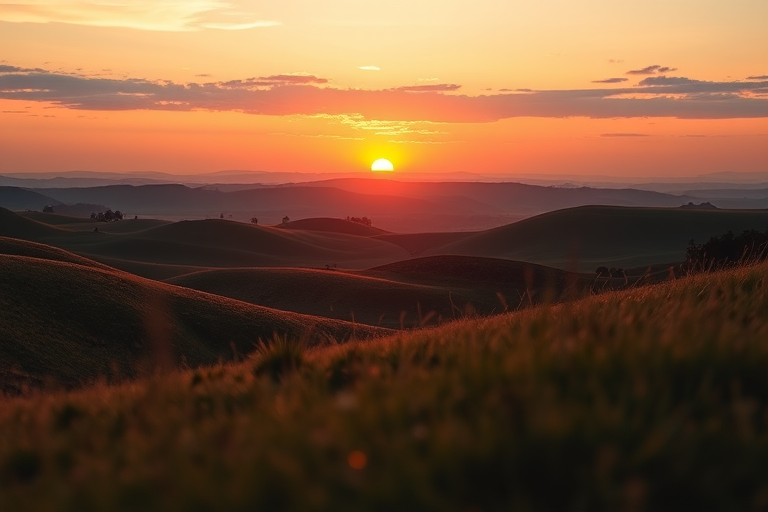 Generate an image of a serene landscape with rolling hills and a vibrant sunset in the background, captured with a Canon EOS R5, 24mm lens, aperture f/8, ISO 100, shot from a low angle to emphasize the foreground, using a wide-angle view to enhance depth and detail.