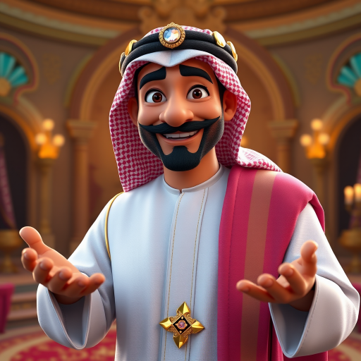Create a 3D rendering of a wealthy Arab male sheikh from Dubai, inspired by the Disney animation style. The sheikh must have a smile and a playful but wise character. Place your character in an atmosphere of wealth and luxury. The image must be in high resolution format. Dynamic pose above the waist, gesturing with hands (Pixar Art style)++ highly detailed digital painting, art stations, concept art, soft focus, hard focus, illustrations. cinematic, visual effects, HDR, Unreal Engine 5, ray tracing, soft light, 8k, high detail, sparkling backlighting, luxury gem, game art, 3d, cartoon, colorful, magical, mysterious