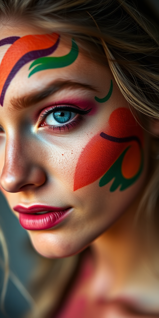 portrait of a woman with vibrant face paint and striking blue eyes, shot with a Canon EOS R5 at ISO 100, f/1.8, 50mm lens, natural soft lighting, close-up view, high-resolution detail, rich color contrast, artistic style