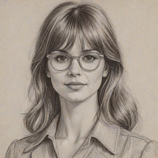 Magnificent Katja Herbers, pencil sketch, portrait of Superb woman 1970s in glasses, hair style beatnik, outline, clear lines, fine lines, 8k