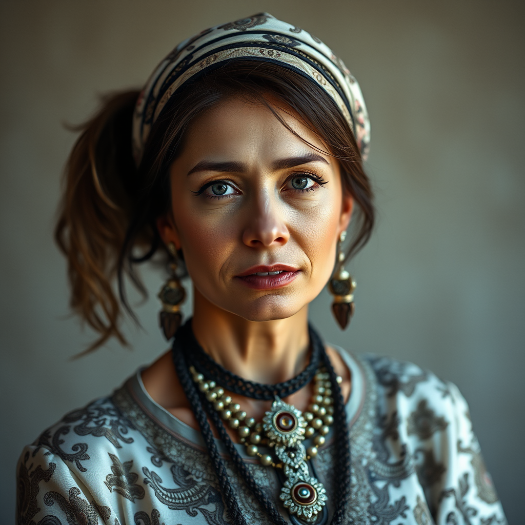 Create a portrait of a woman with intricate clothing and accessories, soft lighting, high resolution, 50mm lens, f/1.8 aperture, 1/125s shutter speed, shallow depth of field, shot from eye level, captured with a DSLR camera.