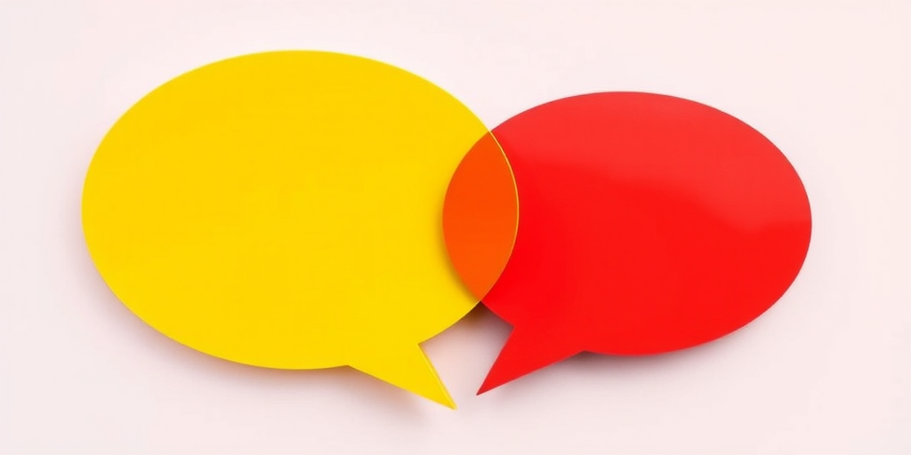 Create an image of two overlapping speech bubbles, one yellow and one red, with a flat design style, captured using a DSLR camera with a 50mm lens, f/2.8 aperture, 1/125 second shutter speed, and natural lighting to enhance clarity and color vibrancy.