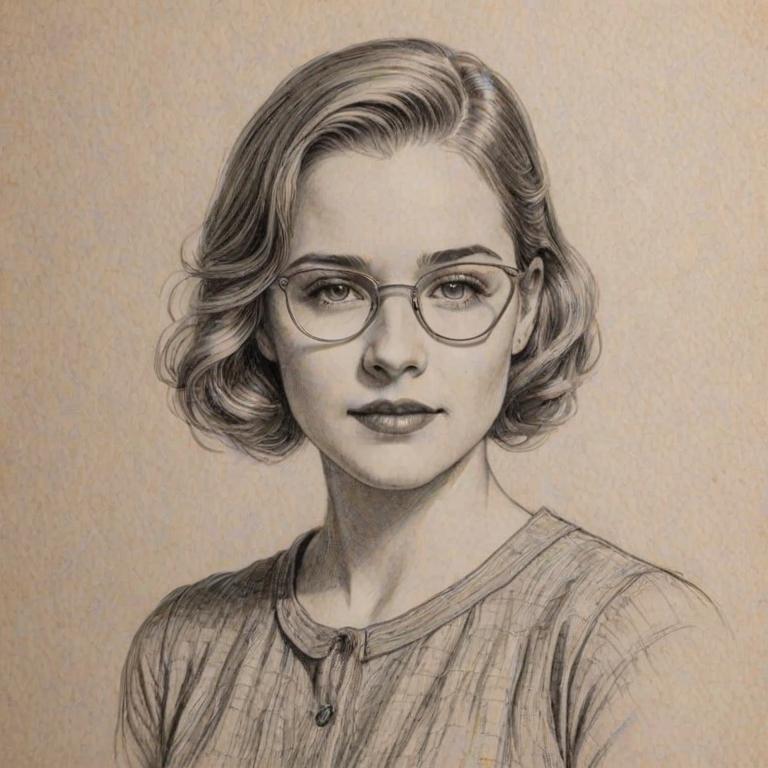 Radiant Willa Fitzgerald, pencil sketch, portrait of Delightful woman 1926s in glasses, hair style beatnik, outline, clear lines, fine lines, 8k