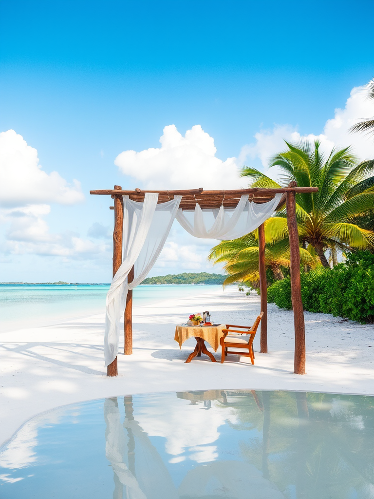 Create a picturesque tropical beach scene featuring a serene, white sandy shore. In the foreground, there's a rustic wooden canopy with white drapes gently flowing in the breeze. Underneath the canopy, a table is set with tropical decor, evoking a sense of relaxation and leisure. The beach extends into a calm, shallow water area with reflections of the sky and surroundings. Palm trees and lush greenery line the edge of the beach, providing a natural, tropical backdrop. The sky is clear with a few scattered clouds, and the overall atmosphere is tranquil and inviting, perfect for a peaceful retreat.