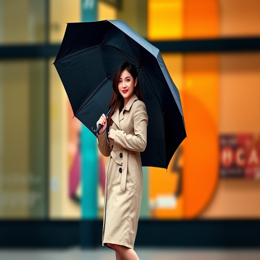 A fashionable woman holding a black umbrella while wearing a beige trench coat and red heels, standing elegantly against a blurred colorful background, shot with a DSLR camera, 50mm lens, f/2.8 aperture, ISO 100, natural lighting.