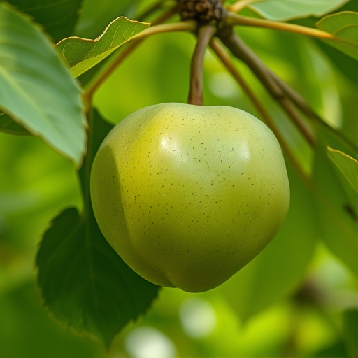 Close-up of a green cherimoya fruit hanging from a branch surrounded by lush green leaves, shallow depth of field, ISO 200, aperture f/2.8, 50mm lens, natural light, DSLR camera.