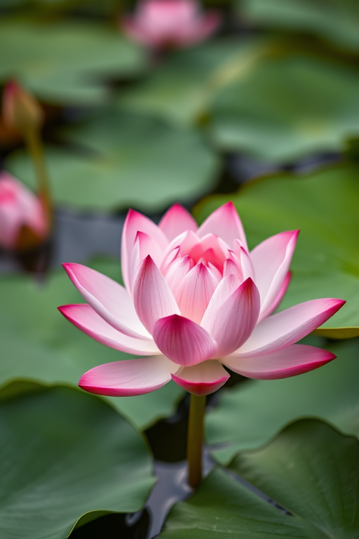 photograph of a pink lotus flower amidst green lily pads, shallow depth of field, ISO 100, f/2.8, 1/250s, tripod-mounted, natural lighting, close-up shot
