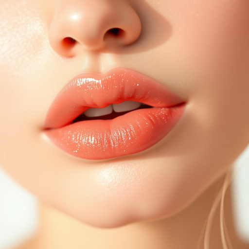 Soft pastel peach lips with a hint of sparkle, natural-looking fullness, dewy finish mimicking fresh fruit, youthful and radiant Peachy Dew Glimmer aesthetic