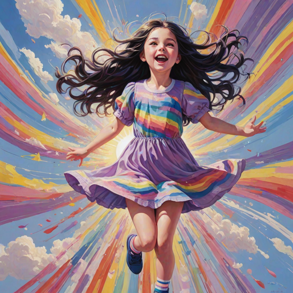 A depiction, in colorful paints, of a little girl, back to the viewer, short stripy socks, lilac and blue dress, arms outstretched, long black wavy hair being blown by the breeze, bight summer's day, up in the blue sky a giant colorful sun face, with pretty eyes, pink lips, colorful swirls, and rainbow colored flames shooting off in all directions
