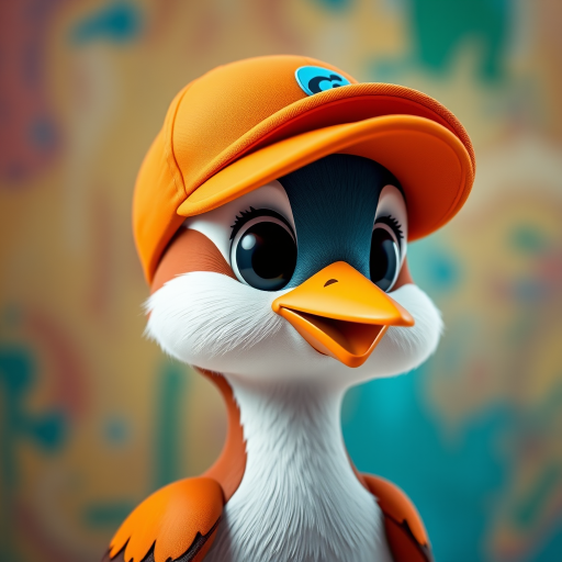 Create a high-resolution image of a cartoon bird character with a flat design wearing an orange cap, focused on a vibrant background, using a Canon EOS R5 with a 50mm f/1.8 lens, aperture at f/2.8, ISO 100, and a slight vignette effect for enhanced depth.