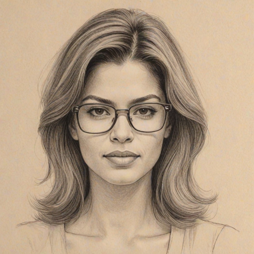 Captivating Andrea Navedo, pencil sketch, portrait of Charming woman 1977s in glasses, hair style beatnik, outline, clear lines, fine lines, 8k
