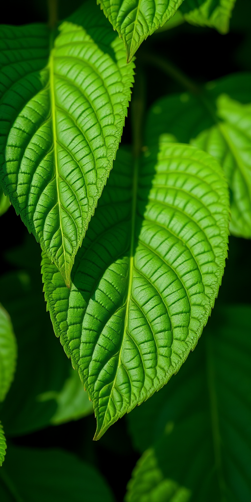 lush green leaves with intricate details, soft natural lighting, macro shot, DSLR camera with 50mm lens, f/2.8 aperture, ISO 100, 1/200 sec shutter speed, focused on leaf texture, shallow depth of field.