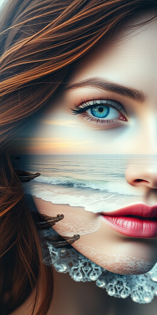 design Book cover, A surreal double exposure portrait that blends a woman's face with a beautiful seascape. The overall mood is dreamy and mystical, with rich colors and intricate details