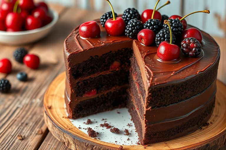 A rich chocolate cake layered with chocolate frosting and filled with red fruit, topped with fresh blackberries and cherries, placed on a rustic wooden table with a slice removed to reveal the layers inside.