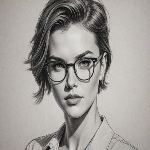 Radiant Ruby Rose, pencil sketch, portrait of Superb woman 1966s in glasses, hair style beatnik, outline, clear lines, fine lines, 8k