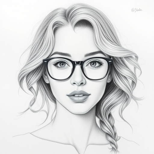 Create a stunning and detailed pencil drawing of a young woman with wavy hair and glasses, capturing her captivating expression and delicate features.