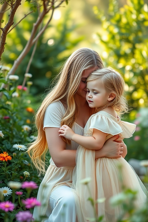 Create a serene and ethereal scene of a motherly figure with golden hair and a child in a soft, flowing dress, surrounded by lush greenery and flowers, captured with a full-frame camera at f/1.8, ISO 100, 1/125s, using natural soft lighting and a shallow depth of field for a dreamy effect.