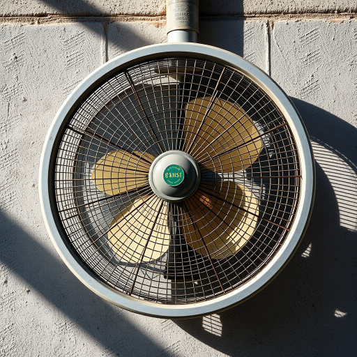 high-resolution image of an industrial fan mounted on a wall with detailed textures and shadows, captured with a DSLR camera at f/8 aperture, 1/125 shutter speed, ISO 200, 50mm lens, natural lighting, centered composition, sharp focus