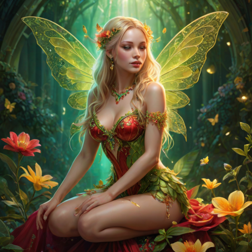 A digital artwork features a winged fairy with delicate Chartreuse butterfly wings, adorned with intricate Pistachio andEmerald patterns. She is seated on a vibrant Electric flower, wearing a revealing red two-piece outfit with sparkling beadwork. Her fair skin, long blonde hair, and gold jewelry add to her ethereal appearance. The background is a warm, golden gradient, creating a magical atmosphere. Small glowing orbs and sparkles surround the flower, enhancing the enchanting, highly detailed, and realistic scene.