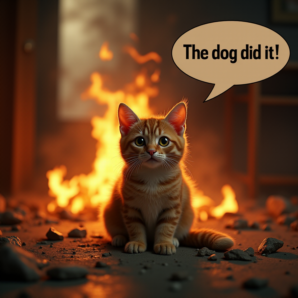 Photorealistic image of an innocent-looking cat sitting calmly in the middle of a burning room. Flames engulf the room, with fire licking up the walls and smoke filling the air. The cat is sitting on the floor, looking directly at the viewer with wide, innocent eyes. Above the cat, a speech bubble says "The dog did it". The contrast between the cat's calm demeanor and the chaos around it creates a humorous and surreal scene.