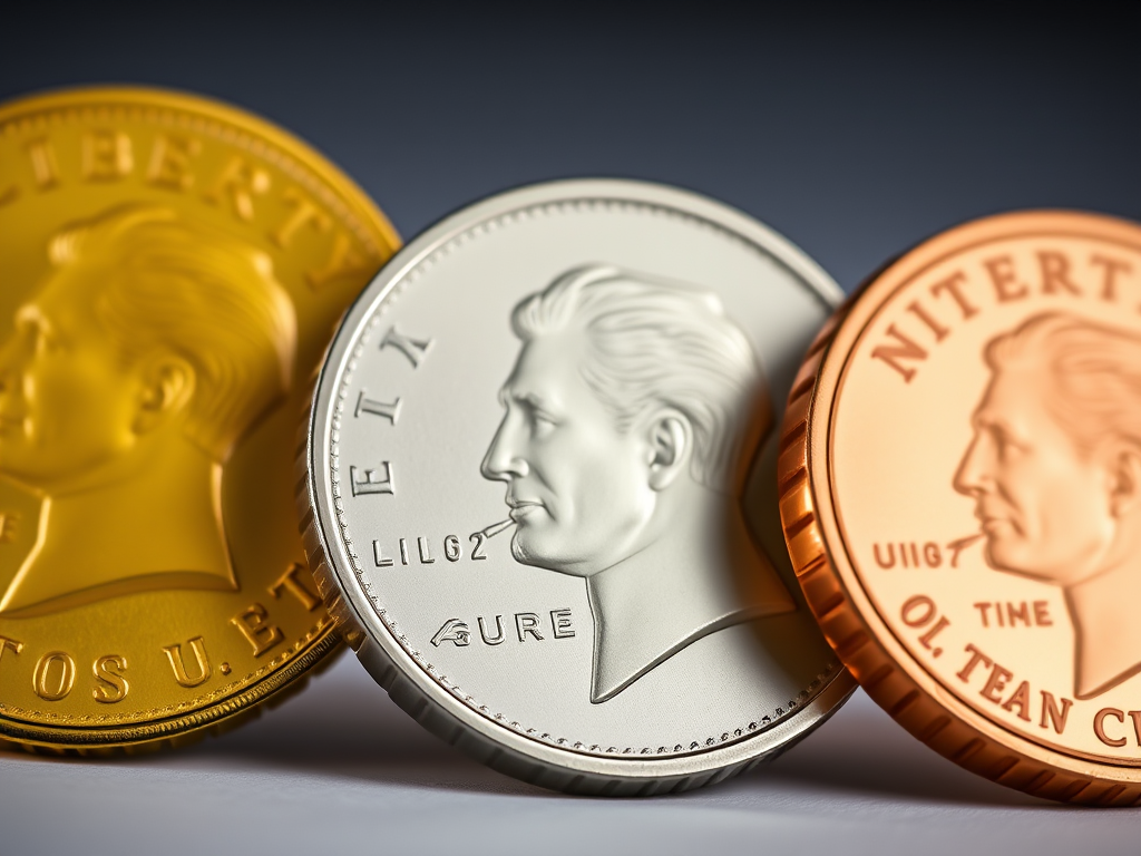 Create an image of three coins with distinct colors: one gold, one silver, and one copper, featuring a profile silhouette of a historical figure, shot with a DSLR camera at f/8 aperture, 1/125 sec shutter speed, ISO 100, using a close-up macro lens, in a well-lit studio setting.