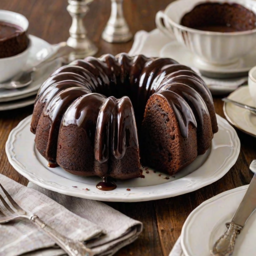 Create an image of a rich chocolate bundt cake with a glossy chocolate glaze. The cake should be partially sliced to show its moist texture, and it should be displayed on a white plate with a vintage silver knife beside it. Include a soft, rustic table setting in the background with a few scattered plates and a cloth.
