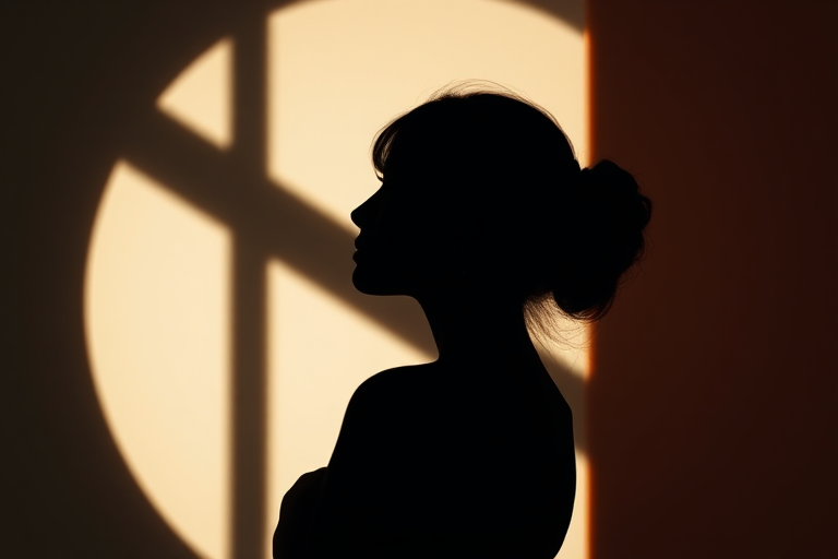 Create a high-contrast abstract silhouette of a woman in a geometric style using a color palette of black, white, orange, and beige framed in a minimalist design, captured with a Canon EOS R5 at f/8, ISO 100, 50mm lens, using a soft light to enhance shadows and highlights.